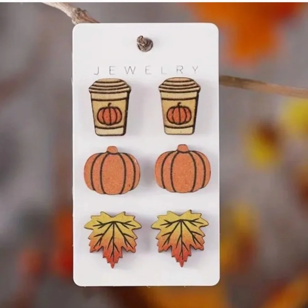 NWT Set of 3 Fall Autumn Wood Earrings: Pumpkin, Leaf and Pumpkin Hot Drink!